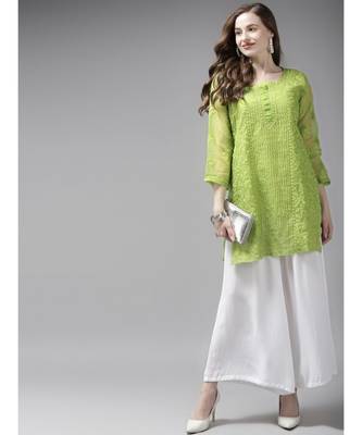 Ada Women Hand Embroidered Green Organza Lucknow Chikankari Short Kurti With Slip - A911161 4
