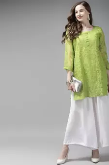 Ada Women Hand Embroidered Green Organza Lucknow Chikankari Short Kurti With Slip - A911161