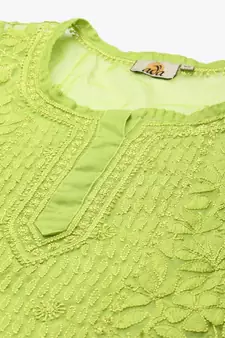 Ada Women Hand Embroidered Green Organza Lucknow Chikankari Short Kurti With Slip - A911161