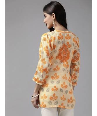 Women Hand Embroidered Lemon Kota Lucknow Chikankari Short Kurti 2