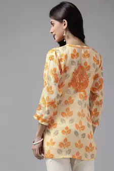 Women Hand Embroidered Lemon Kota Lucknow Chikankari Short Kurti