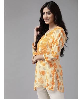 Women Hand Embroidered Lemon Kota Lucknow Chikankari Short Kurti 3