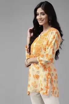 Women Hand Embroidered Lemon Kota Lucknow Chikankari Short Kurti