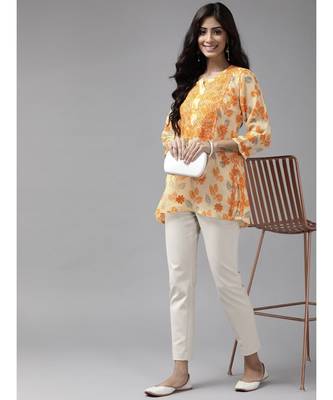 Women Hand Embroidered Lemon Kota Lucknow Chikankari Short Kurti 4