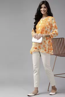 Women Hand Embroidered Lemon Kota Lucknow Chikankari Short Kurti