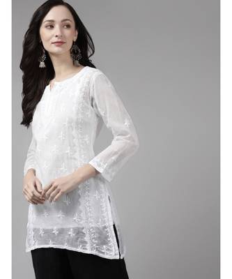 Women Hand Embroidered White Kota Lucknow Chikankari Short Kurti With Slip 1