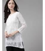 Women Hand Embroidered White Kota Lucknow Chikankari Short Kurti With Slip