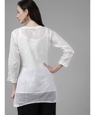 Women Hand Embroidered White Kota Lucknow Chikankari Short Kurti With Slip 2