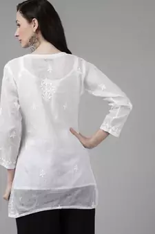 Women Hand Embroidered White Kota Lucknow Chikankari Short Kurti With Slip