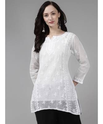 Women Hand Embroidered White Kota Lucknow Chikankari Short Kurti With Slip 3