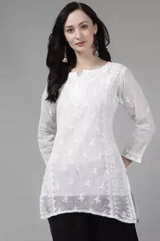 Women Hand Embroidered White Kota Lucknow Chikankari Short Kurti With Slip