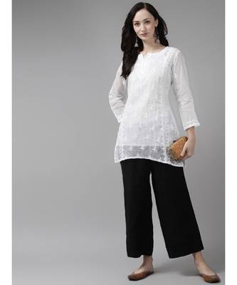Women Hand Embroidered White Kota Lucknow Chikankari Short Kurti With Slip 4