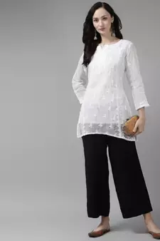 Women Hand Embroidered White Kota Lucknow Chikankari Short Kurti With Slip