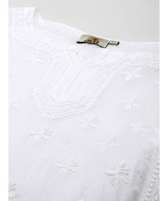 Women Hand Embroidered White Kota Lucknow Chikankari Short Kurti With Slip 5