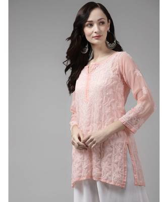 Ada Women Hand Embroidered Peach Georgette Lucknow Chikankari Short Kurti - A911153 1