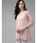 Ada Women Hand Embroidered Peach Georgette Lucknow Chikankari Short Kurti - A911153