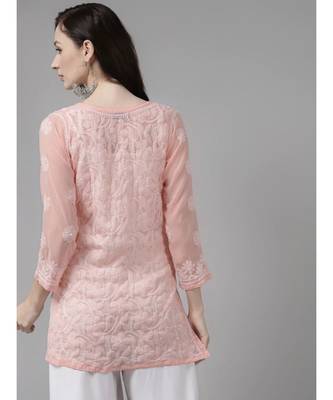 Ada Women Hand Embroidered Peach Georgette Lucknow Chikankari Short Kurti - A911153 2