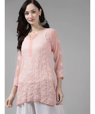 Ada Women Hand Embroidered Peach Georgette Lucknow Chikankari Short Kurti - A911153 3