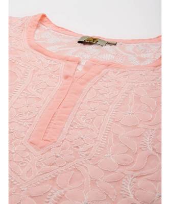 Ada Women Hand Embroidered Peach Georgette Lucknow Chikankari Short Kurti - A911153 4