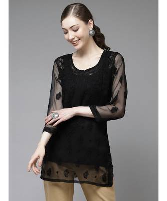 Ada Hand Embroidered Black Georgette Lucknow Chikan Kurti With slip 1