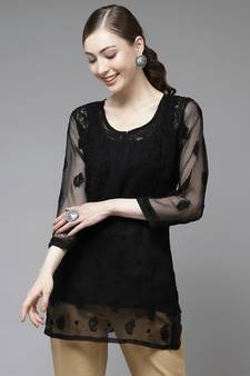 Ada Hand Embroidered Black Georgette Lucknow Chikan Kurti With slip