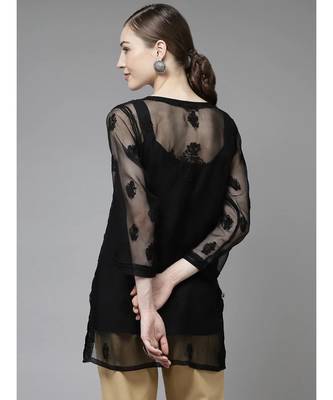 Ada Hand Embroidered Black Georgette Lucknow Chikan Kurti With slip 2