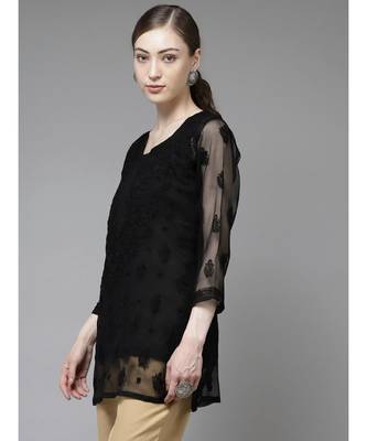Ada Hand Embroidered Black Georgette Lucknow Chikan Kurti With slip 3