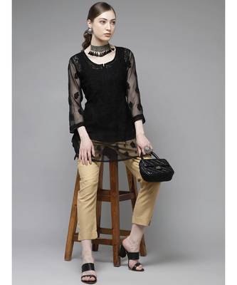 Ada Hand Embroidered Black Georgette Lucknow Chikan Kurti With slip 4