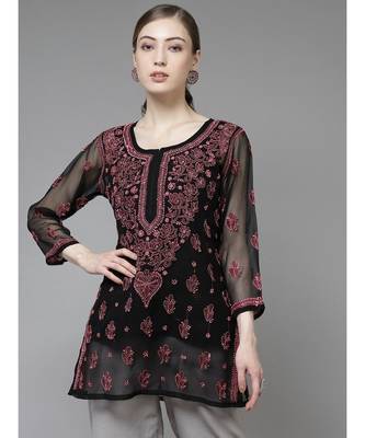 Women Hand Embroidered Black Georgette Lucknow Chikan Kurti Chikankari Kurti With Slip 1