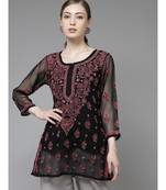 Women Hand Embroidered Black Georgette Lucknow Chikan Kurti Chikankari Kurti With Slip