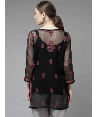 Women Hand Embroidered Black Georgette Lucknow Chikan Kurti Chikankari Kurti With Slip 2