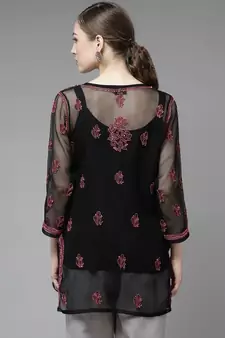 Women Hand Embroidered Black Georgette Lucknow Chikan Kurti Chikankari Kurti With Slip
