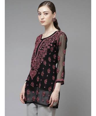 Women Hand Embroidered Black Georgette Lucknow Chikan Kurti Chikankari Kurti With Slip 3