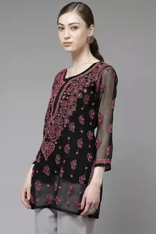 Women Hand Embroidered Black Georgette Lucknow Chikan Kurti Chikankari Kurti With Slip