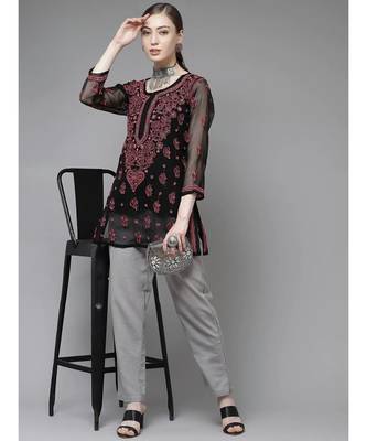 Women Hand Embroidered Black Georgette Lucknow Chikan Kurti Chikankari Kurti With Slip 4