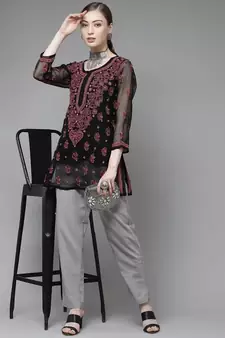Women Hand Embroidered Black Georgette Lucknow Chikan Kurti Chikankari Kurti With Slip