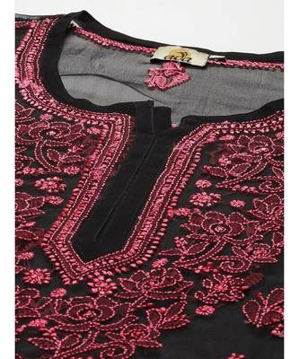 Women Hand Embroidered Black Georgette Lucknow Chikan Kurti Chikankari Kurti With Slip 5