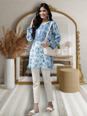 Ada Women Hand Embroidered Blue Kota Lucknow Chikankari Short Kurti - A911144 1