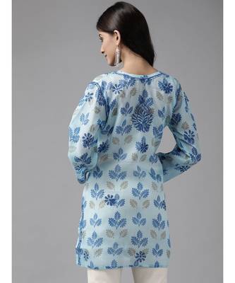 Ada Women Hand Embroidered Blue Kota Lucknow Chikankari Short Kurti - A911144 3