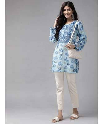 Ada Women Hand Embroidered Blue Kota Lucknow Chikankari Short Kurti - A911144 5