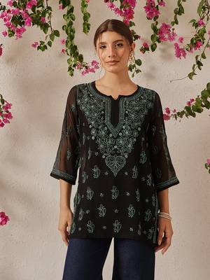Women Hand Embroidered Black Georgette Lucknow Chikan Kurti With Slip 1