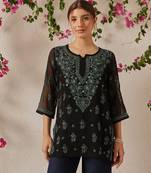 Women Hand Embroidered Black Georgette Lucknow Chikan Kurti With Slip
