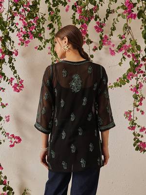 Women Hand Embroidered Black Georgette Lucknow Chikan Kurti With Slip 3