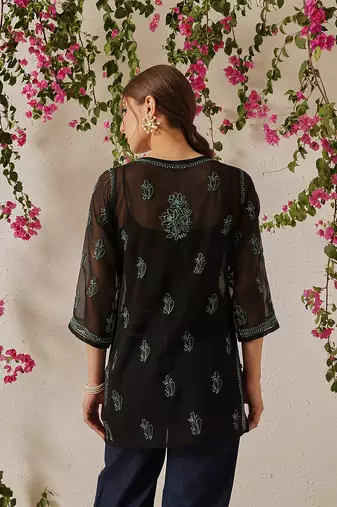 Women Hand Embroidered Black Georgette Lucknow Chikan Kurti With Slip