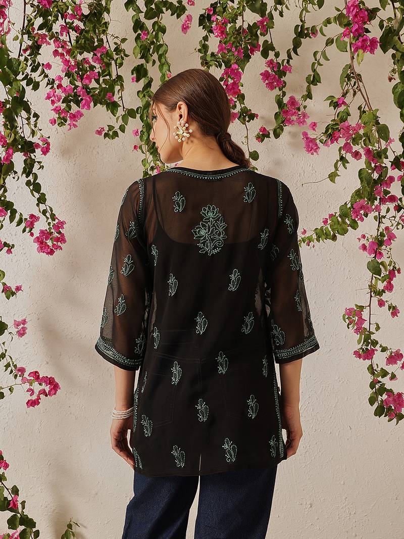 Women Hand Embroidered Black Georgette Lucknow Chikan Kurti With Slip