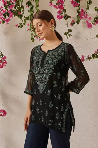 Women Hand Embroidered Black Georgette Lucknow Chikan Kurti With Slip