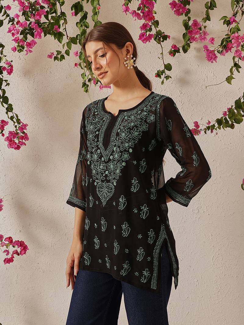 Women Hand Embroidered Black Georgette Lucknow Chikan Kurti With Slip