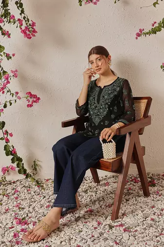 Women Hand Embroidered Black Georgette Lucknow Chikan Kurti With Slip