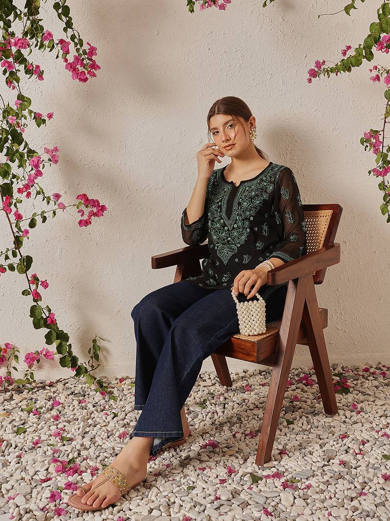 Women Hand Embroidered Black Georgette Lucknow Chikan Kurti With Slip