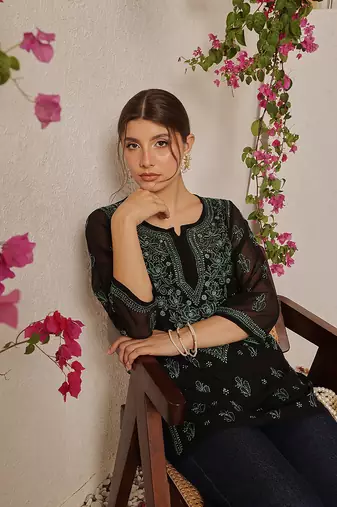Women Hand Embroidered Black Georgette Lucknow Chikan Kurti With Slip